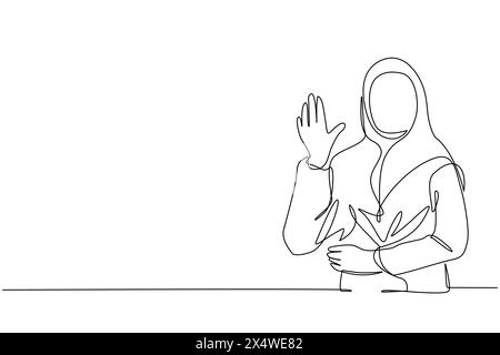Una sola linea che attira una giovane donna d'affari araba che mostra il palmo come stop sign, stay, hold o rejection. Emozione, concetto di linguaggio del corpo. Contin Illustrazione Vettoriale