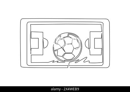 Campo da calcio disegnato su una sola linea e pallone da calcio sullo schermo dello smartphone. Smartphone con app calcio. Streaming sportivo mobile da campionato a. Illustrazione Vettoriale