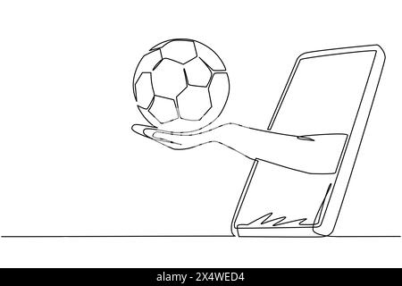 Una linea continua singola che disegna la mano tiene la palla da calcio attraverso lo smartphone. Concetto per giochi online e trasmissioni sportive. Partite di calcio online. Dinamica Illustrazione Vettoriale