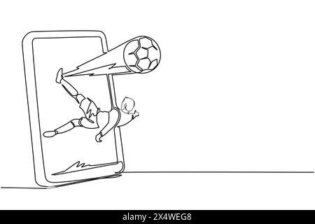 Una linea continua che attira un giocatore di calcio tira fuori dalla schermata dello smartphone un po' di palla in testa. Partita di gioco sportiva mobile. Partita di calcio online dal vivo Illustrazione Vettoriale