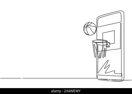 Smartphone con disegno a linea continua singolo con app basket e pallone. Smartphone con app basket. Campionato di streaming sportivo mobile per giocare Illustrazione Vettoriale