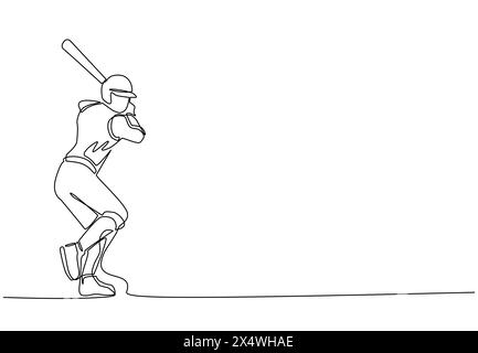 Una linea continua che attira un giovane agile giocatore di baseball pronto a colpire la palla. Torneo professionistico di baseball. Esercizio sportivo con salute Illustrazione Vettoriale