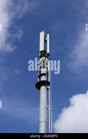 Albero di comunicazione stradale con impianti di telecomunicazioni su sfondo blu, Cwmbran, Galles, Regno Unito Foto Stock