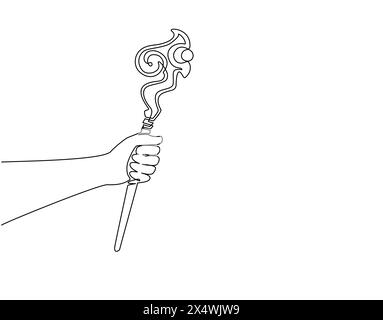 Disegnare a mano una sola linea reggendo maghi personale in legno. Piegare il costume da mago della strega maga halloween. Incisione del contorno nero disegnata a mano. Illustrazione Vettoriale
