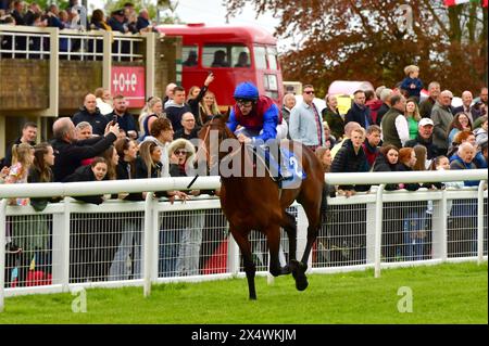 Salisbury, Regno Unito. 5 maggio 2024. Sam Hawkens, guidato da Richard Kingscote (Blue Cap), si aggiudica il 5,05° reggimento britannico EBF "Confined" Maiden Stakes all'ippodromo di Salisbury, Regno Unito. Crediti: Paul Blake/Alamy Live News. Foto Stock