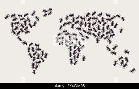 Formiche nere a forma di mappa del mondo. Insetti, parassiti. Illustrazione vettoriale. Illustrazione Vettoriale