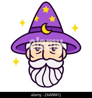 Vecchio ritratto mago con barba grigia e cappello magico. Logo della testa del personaggio Fantasy Mage, illustrazione grafica vettoriale. Illustrazione Vettoriale