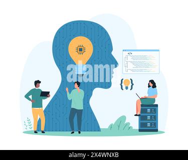 Programmazione con IA, apprendimento automatico. Persone di piccole dimensioni e cervello digitale con circuito e lampadina all'interno di software di codifica e ingegneria, automazione dei programmatori per l'illustrazione vettoriale dei cartoni animati Illustrazione Vettoriale