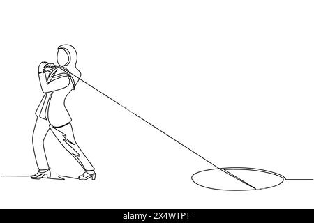 Linea singola continua che disegna una donna d'affari araba che prova a tirare la corda per trascinare qualcosa dal buco, dalla metafora ad affrontare un grosso problema. Business st Illustrazione Vettoriale