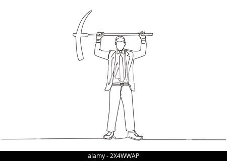 Una linea continua che attira un uomo d'affari in piedi e solleva una grande piccone. Concetto di business. Descrive duro lavoro, successo, successo e scoperta. Illustrazione Vettoriale