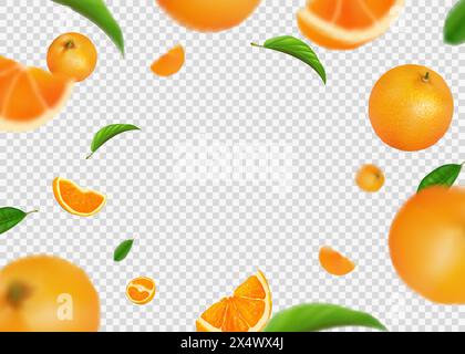 Arance volanti. Autunno di succo di frutta, fette di agrumi 3d e foglie di cibo fresco, cornice circolare con spazio per le copie, pezzetti verdi estivi succosi. Sfondo decorativo botanico. Elementi realistici di sfondo vettoriale Illustrazione Vettoriale