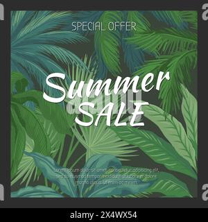 Saldi estivi. Modello di post sui social media offerta speciale. Sfondo per striscioni o volantini, foglie di palmo verde. Sfondo tropicale. Piante della giungla. Design di marketing con una bella flora. Illustrazione vettoriale Illustrazione Vettoriale