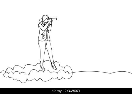Una linea continua che attira una donna d'affari che viaggia su un'alta nuvola con un telescopio o un binoculare per cercare un visionario aziendale. Visione di leadership da vedere Illustrazione Vettoriale