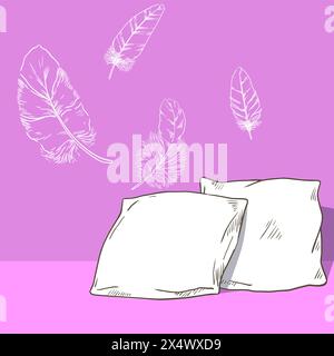 Schizzo del cuscino. Morbidi cuscini in camera da letto. Piume di volo. Presentano comodi letti. Dormi a casa di notte. Ora di andare a letto. Rilassamento del letto. Federa in tessuto di cotone. Dolce carta vettoriale da sogno Illustrazione Vettoriale