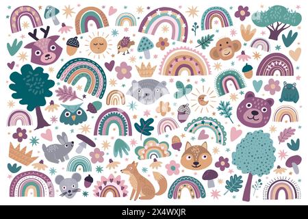 Modello animale. Elementi per bambini con tessere, design arcobaleno per bambini per la nursery, simpatica carta da parati per il compleanno dei bambini con doodle. Alberi della foresta. Illustrazione isolata in stile cartoni animati. Set per bambini Vector cute Illustrazione Vettoriale