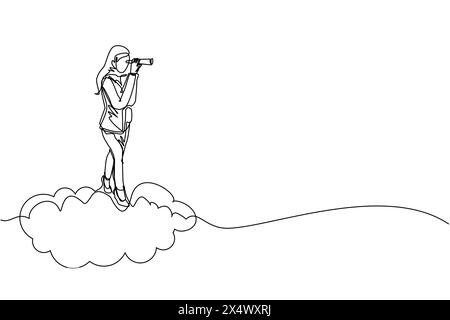 Linea singola continua che disegna una donna d'affari araba che cavalca un telescopio o un binoculare per cercare un visionario commerciale. Visione di leadership Illustrazione Vettoriale