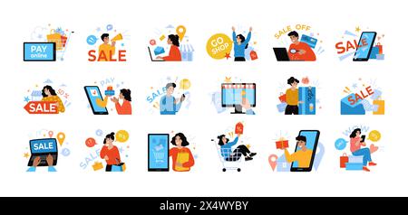 Shopping online. Persone nel negozio di telefonia. Promozione di vendita. Sconto su Internet Store. Consegna aziendale. Cliente donna che effettua l'ordine tramite smartphone. Servizio di applicazioni mobili. Pagamento tramite Web. Set piatto vettoriale Illustrazione Vettoriale