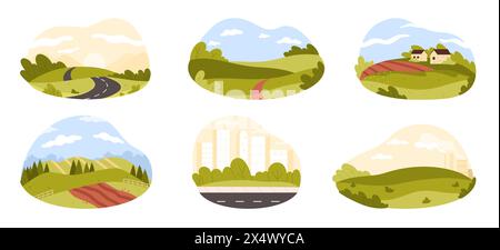 Paesaggi urbani e paesini estivi. Scene urbane con edifici moderni in autostrada, camini di fabbrica e prato verde, strade attraverso colline, campi arabili e illustrazione vettoriale di cartoni animati della foresta Illustrazione Vettoriale