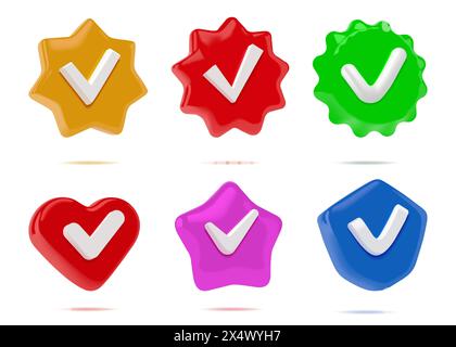 Segno di spunta 3D. Icona Accetta qualità. Selezionare le forme del badge. Esame del segno di spunta corretto o riuscito. Valutazione elettorale. Risposta corretta o segno corretto. Casella di controllo sondaggio. Set di simboli di accordo per il rendering vettoriale Illustrazione Vettoriale