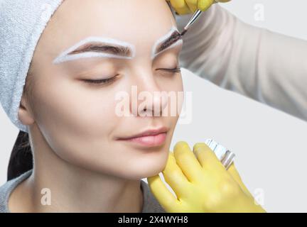 L'artista del trucco applica un colorante per sopracciglia sulle sopracciglia di una giovane ragazza. Cura professionale del viso. Foto Stock