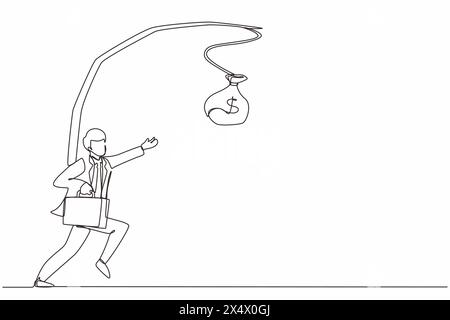 Una linea continua che disegna un uomo d'affari ignaro che insegue una borsa di soldi. L'illustrazione raffigura la follia, la stupidità, l'inconsapevolezza e l'esca. S Illustrazione Vettoriale