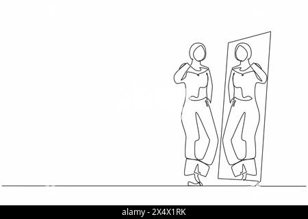 Linea singola continua che disegna una donna d'affari araba che sceglie hijab per riunioni di lavoro. Donna che prova i vestiti a casa. Ragazza con stile. Specchio con f Illustrazione Vettoriale
