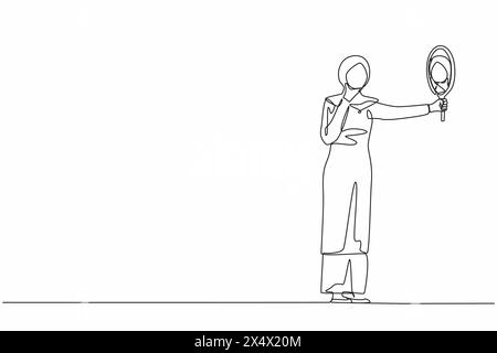 Una linea continua che disegna una donna d'affari araba che tiene lo specchio per mano. Manager donna con specchio per le mani. Donna che si guarda allo specchio. Narcisismo, r Illustrazione Vettoriale