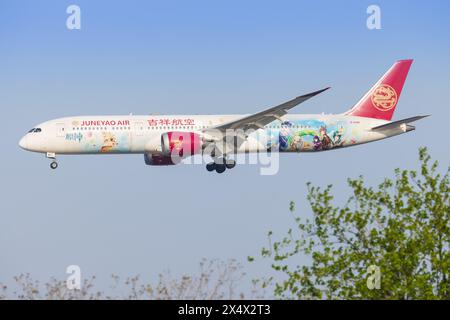 Primo aeromobile Boeing 787 da Juneyao Air (Genshin Livery) all'aeroporto di Shanghai Hongqiao in Cina nell'aprile 2024 Foto Stock