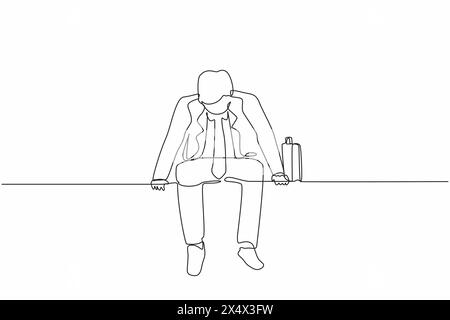 Una linea continua che disegna un uomo d'affari triste seduto in panchina da solo. Un uomo che soffre di depressione, viene licenziato, entra in situazioni di vita difficili Illustrazione Vettoriale