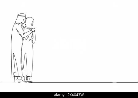 Singola linea che disegna indietro vista uomo arabo felice donna che abbraccia e abbraccia e ama la coppia. Vista posteriore abbraccio femmina maschio. Amore, connessione, sentimento romantico Illustrazione Vettoriale