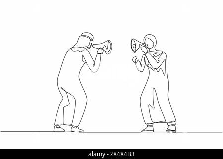 Una linea continua che disegna un uomo e una donna arabi tengono gli altoparlanti urlano l'uno contro l'altro impegnati in una lotta familiare. Marito e moglie ostinati e arrabbiati urlano Illustrazione Vettoriale
