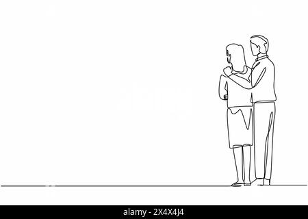 Una linea continua che disegna indietro vista uomo felice donna che abbraccia e abbraccia, coppia amorevole. Vista posteriore abbraccio femmina maschio. Amore, connessione, romanticismo feeli Illustrazione Vettoriale