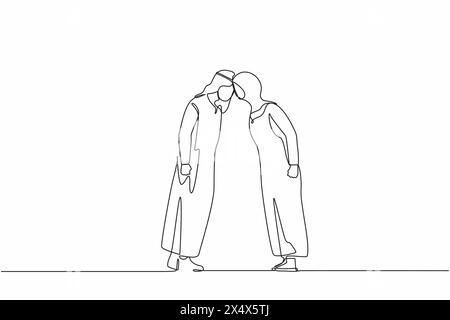 Linea singola continua che disegna un uomo e una donna arabe che litigano tra loro e si impegnano in una lotta familiare. Marito e moglie ostinati e arrabbiati urlano, ar Illustrazione Vettoriale