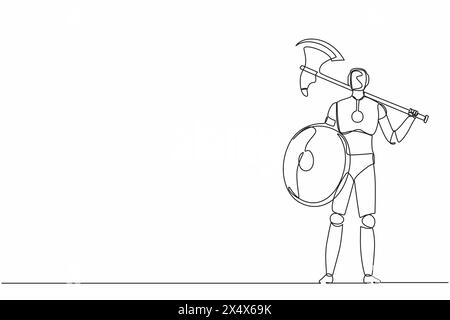 Robot di disegno a una sola linea che tiene in piedi ascia e scudo. Sviluppo tecnologico futuro. Processo di apprendimento automatico dell'intelligenza artificiale. Contin Illustrazione Vettoriale