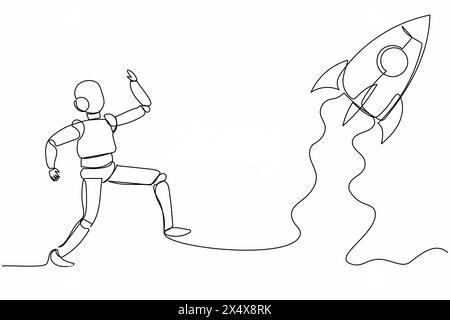 Un robot con disegno a linea continua che esegue l'inseguimento del decollo del razzo. Avvio della tecnologia aziendale di avvio. Intelligenza artificiale robotica. Tecno elettronico Illustrazione Vettoriale
