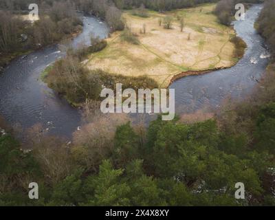 Il fiume Pirita scorre attraverso la foresta in primavera, foto da un drone con il tempo nuvoloso. Natura dell'Estonia. Foto Stock