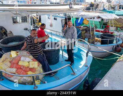 I pescatori riparano le reti nel porto vecchio di Limassol e Marina, Limassol, Repubblica di Cipro. Foto Stock