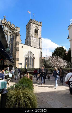 Salisbury, Inghilterra - 29 marzo 2024: Splendide case storiche e la torre della chiesa di San Tommaso sullo sfondo. Foto Stock