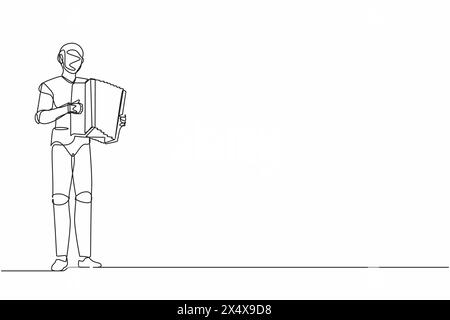 Una sola linea disegna un robot musicista che suona la fisarmonica. Fisarmonicista si esibisce sul palco. Sviluppo tecnologico futuro. Intelligenza artificiale. Conti Illustrazione Vettoriale