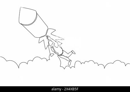 Un'unica linea continua che disegna un uomo d'affari vola su razzi fuochi d'artificio mentre guarda alle opportunità di business. Lavoratore motivato eccitato prepararsi per il proj Illustrazione Vettoriale