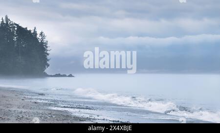 China Beach in una giornata nebbiosa e piovosa nel Parco Nazionale del Pacific Rim sull'Isola di Vancouver, atmosfera da sogno, morbide tonalità blu pastello, spazio copia Foto Stock