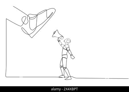 Robot di disegno a linea singola continua che parla con megafono sotto una scarpa gigante. Stivale di una macchina militare che calpesta il robot. Intelligenza artificiale robotica Illustrazione Vettoriale