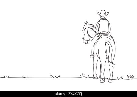 Linea singola continua che disegna cowboy cavalcando cavalli nel deserto su un cartello di legno. Mustang e Person all'aperto al tramonto. Icona cowboy e cavallo o logo. Uno Illustrazione Vettoriale