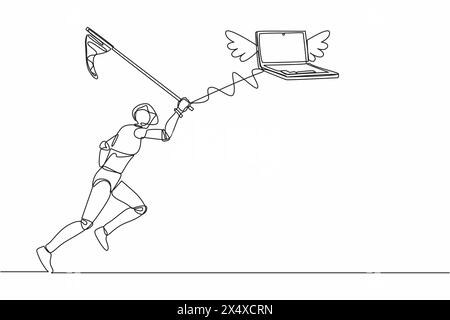 Un robot di disegno continuo a una linea cerca di catturare il portatile volante con la rete a farfalla. Elaborazione dei dati di sistema per l'efficienza operativa. Robot cybernetic org Illustrazione Vettoriale