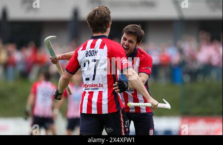 Bruxelles, Belgio. 5 maggio 2024. Tom Boon di Leopold celebra dopo aver segnato durante una partita di hockey tra il Royal Leopold Club e Gantoise, domenica 5 maggio 2024, a Bruxelles, una partita di ritorno nelle semifinali dei play-off del campionato belga di hockey di prima divisione. BELGA PHOTO VIRGINIE LEFOUR credito: Belga News Agency/Alamy Live News Foto Stock