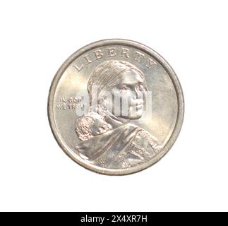 2011 Sacagawea Dollar Coin WAMPANOAG TRATTATO 1621 che porta il suo giovane figlio, Jean Baptiste. Lato dritto con le mani del Supremo Sachem Ousamequin Massasoit Foto Stock