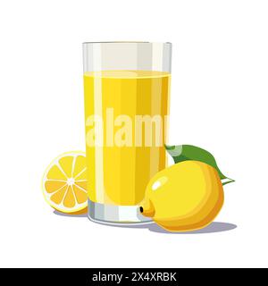 Bicchiere pieno di succo di limone giallo spremuto fresco e sano isolato su sfondo bianco. Illustrazione vettoriale in stile piatto con bevanda agli agrumi. Riepilogo Illustrazione Vettoriale