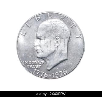 1776 - 1976 D Denver zecca Dwight D Eisenhower IKE Liberty Bell con luna Silver sul retro moneta da un dollaro US Bicentenario d'argento. In dio, noi trattiamo Foto Stock