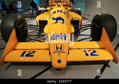 Lotus Honda 99T4 Camel di Ayrton Senna, 1987, è stata esposta durante la mostra "Senna Forever" del 5 maggio 2024 al Museo Nazionale dell'Automobile di Torino, i Foto Stock