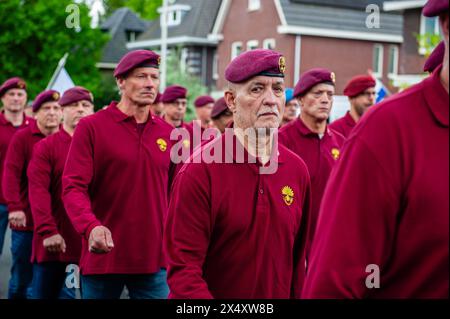 Wageningen, Paesi Bassi. 5 maggio 2024. Durante il giorno della Liberazione, si tiene la Parata della Liberazione (Bevrijdingsdefilé' in olandese) e riunisce veterani e successori militari per rendere omaggio a tutti coloro che hanno dato la loro vita durante la seconda guerra mondiale e alla cooperazione militare internazionale. Al fronte della parata vi erano dodici veterani britannici che combatterono per la libertà olandese nella seconda guerra mondiale. (Foto di /Sipa USA) credito: SIPA USA/Alamy Live News Foto Stock